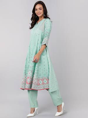 sea green color printed poly crepe styles kurta trouser with dupatta 3