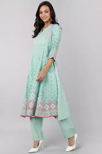 sea green color printed poly crepe styles kurta trouser with dupatta