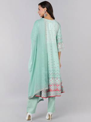 sea green color printed poly crepe styles kurta trouser with dupatta 4