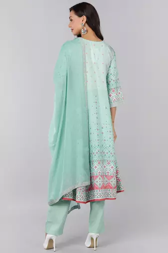 sea green color printed poly crepe styles kurta trouser with dupatta