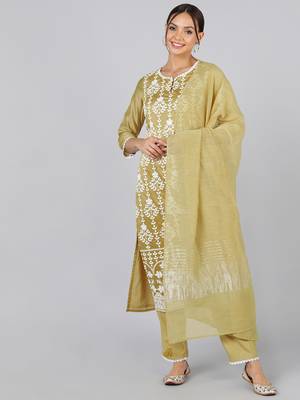 olive color embroidered poly silk styles kurta trouser with dupatta 1