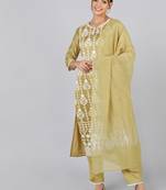 olive color embroidered poly silk styles kurta trouser with dupatta