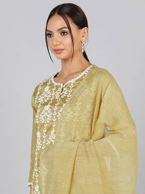 olive color embroidered poly silk styles kurta trouser with dupatta 2
