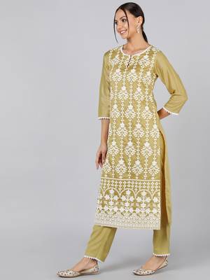 olive color embroidered poly silk styles kurta trouser with dupatta 3