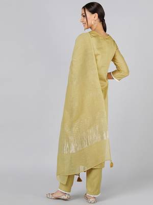 olive color embroidered poly silk styles kurta trouser with dupatta 4