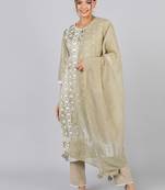 beige color embroidered poly silk styles kurta trouser with dupatta