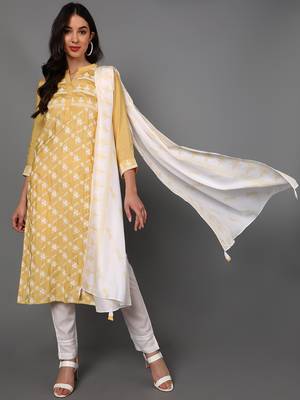 yellow color embroidered poly silk styles kurta trouser with dupatta 1