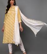 yellow color embroidered poly silk styles kurta trouser with dupatta