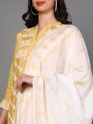 yellow color embroidered poly silk styles kurta trouser with dupatta 2