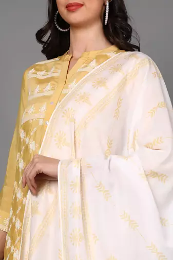 yellow color embroidered poly silk styles kurta trouser with dupatta