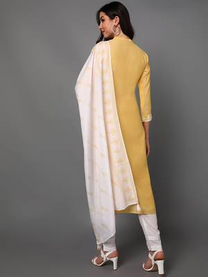 yellow color embroidered poly silk styles kurta trouser with dupatta 4