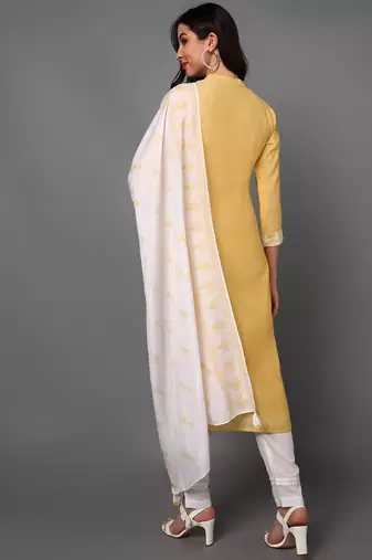 yellow color embroidered poly silk styles kurta trouser with dupatta