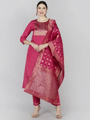 pink color woven design poly silk styles kurta trouser with dupatta 1