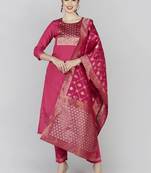 pink color woven design poly silk styles kurta trouser with dupatta
