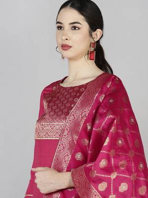pink color woven design poly silk styles kurta trouser with dupatta 2