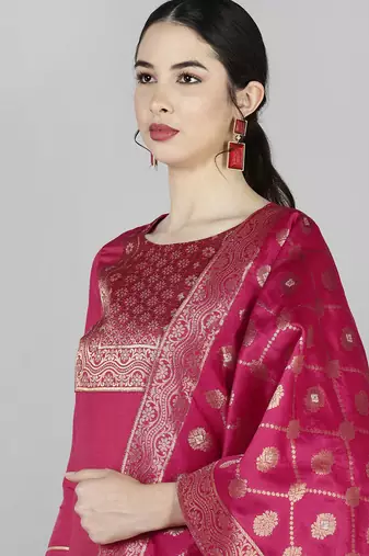 pink color woven design poly silk styles kurta trouser with dupatta