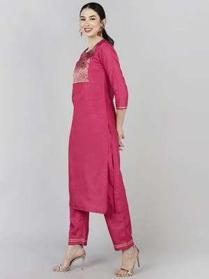 pink color woven design poly silk styles kurta trouser with dupatta 3