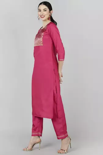 pink color woven design poly silk styles kurta trouser with dupatta