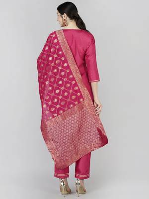 pink color woven design poly silk styles kurta trouser with dupatta 4