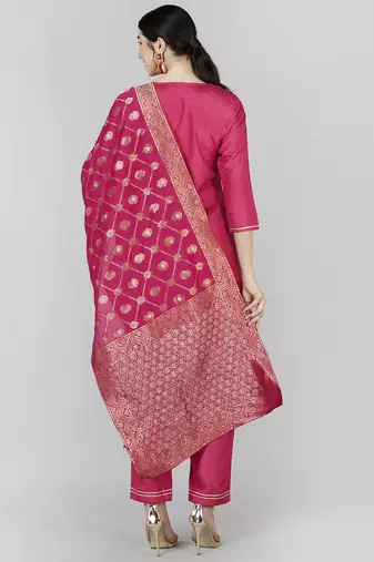pink color woven design poly silk styles kurta trouser with dupatta