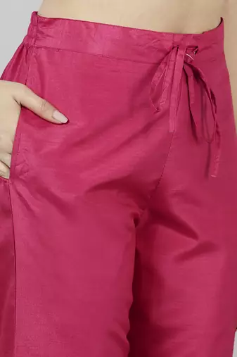 pink color woven design poly silk styles kurta trouser with dupatta
