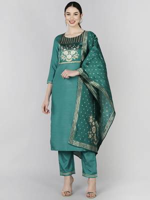 teal color woven design poly silk styles kurta trouser with dupatta 1