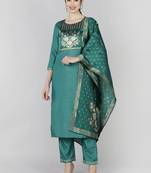 teal color woven design poly silk styles kurta trouser with dupatta