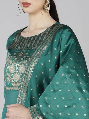 teal color woven design poly silk styles kurta trouser with dupatta 2