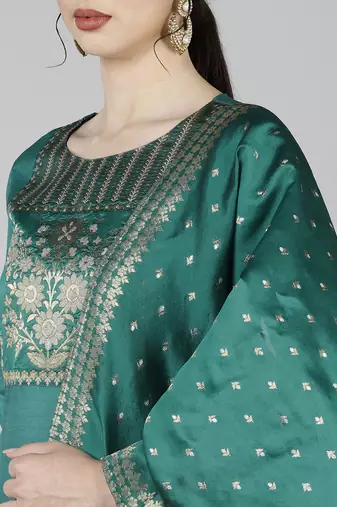 teal color woven design poly silk styles kurta trouser with dupatta