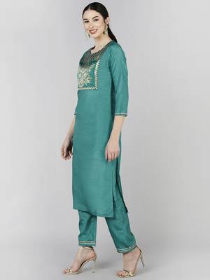 teal color woven design poly silk styles kurta trouser with dupatta 3