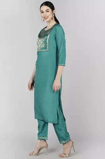 teal color woven design poly silk styles kurta trouser with dupatta