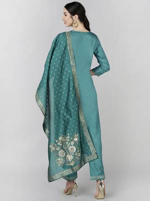 teal color woven design poly silk styles kurta trouser with dupatta 4