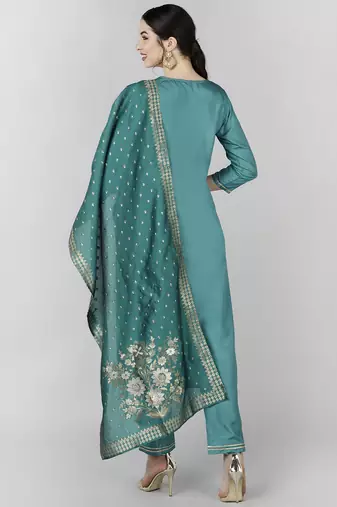 teal color woven design poly silk styles kurta trouser with dupatta