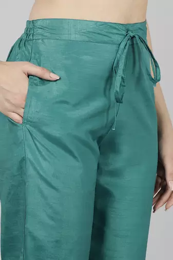 teal color woven design poly silk styles kurta trouser with dupatta