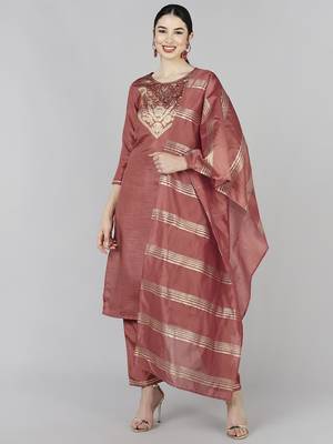 rust color woven design poly silk styles kurta trouser with dupatta 1
