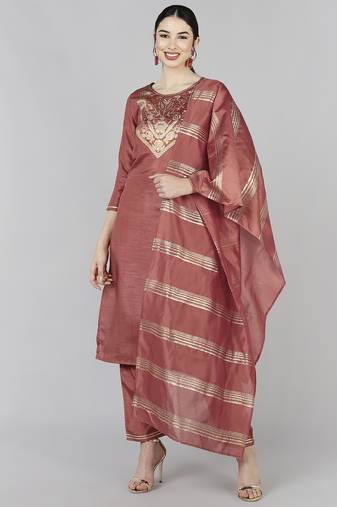 rust color woven design poly silk styles kurta trouser with dupatta
