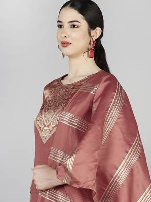 rust color woven design poly silk styles kurta trouser with dupatta 2