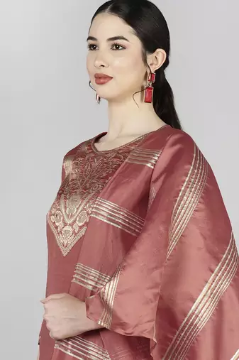rust color woven design poly silk styles kurta trouser with dupatta