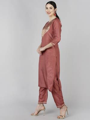 rust color woven design poly silk styles kurta trouser with dupatta 3