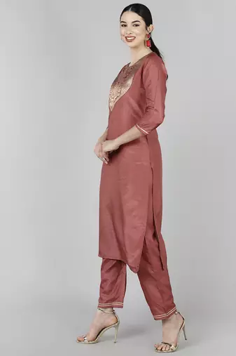 rust color woven design poly silk styles kurta trouser with dupatta