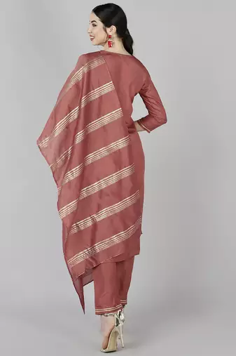 rust color woven design poly silk styles kurta trouser with dupatta
