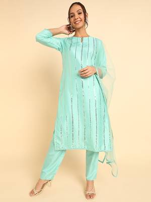 turquoise blue color solid poly silk styles kurta trouser with dupatta 1