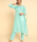 turquoise blue color solid poly silk styles kurta trouser with dupatta