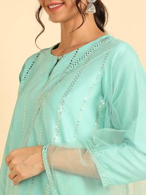 turquoise blue color solid poly silk styles kurta trouser with dupatta 2