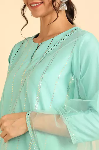 turquoise blue color solid poly silk styles kurta trouser with dupatta
