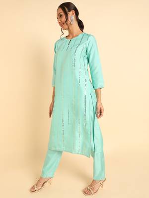 turquoise blue color solid poly silk styles kurta trouser with dupatta 3