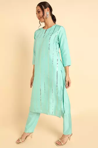 turquoise blue color solid poly silk styles kurta trouser with dupatta