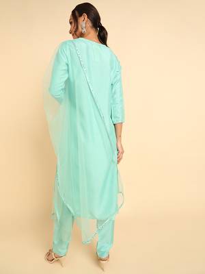 turquoise blue color solid poly silk styles kurta trouser with dupatta 4