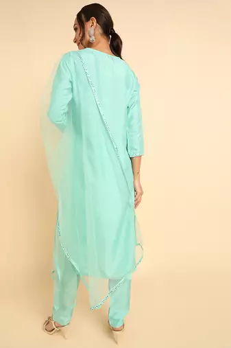 turquoise blue color solid poly silk styles kurta trouser with dupatta