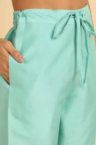 turquoise blue color solid poly silk styles kurta trouser with dupatta